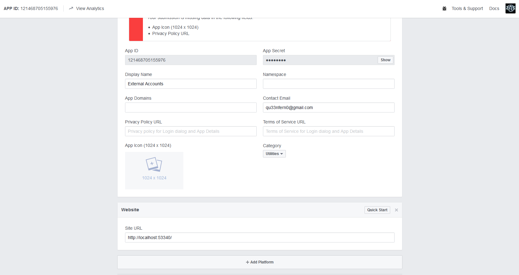 Facebook Configuration for External Login