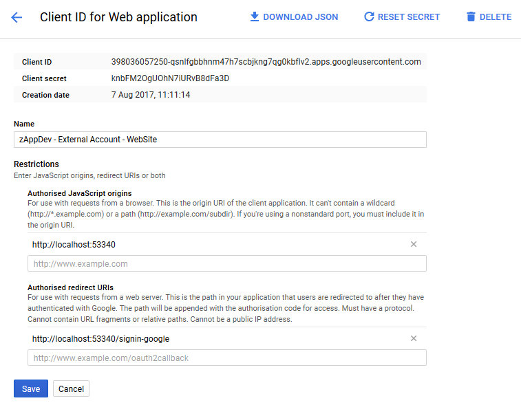 Google Configuration for External Login